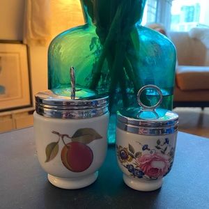 Vintage pair of Royal Worcester egg coddlers - king size peach&berries/sm floral